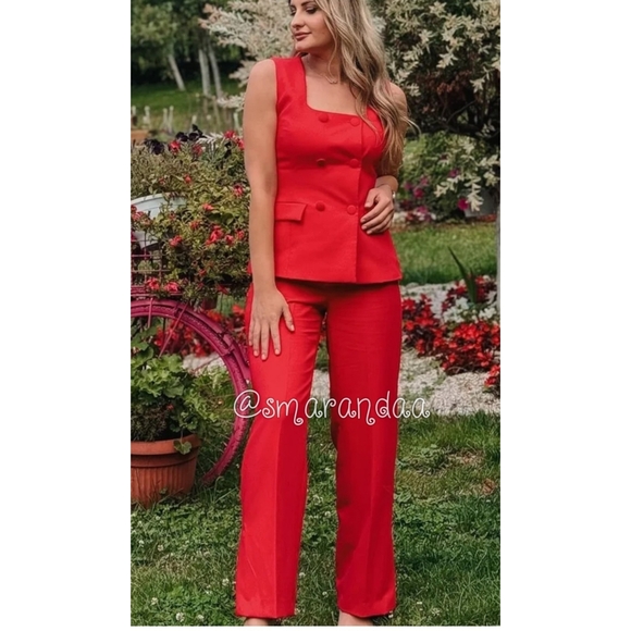 Zara 2 PC Set Lined Button Vest & Pants Red - Picture 5 of 16